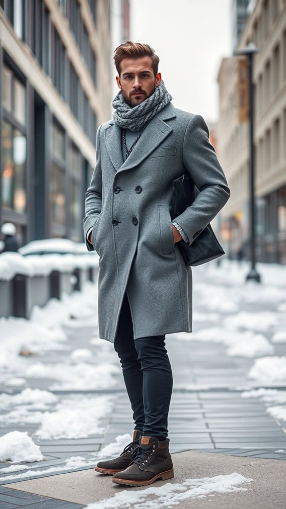 A man in a gray coat and matching scarf, wearing dark pants and minimalist sneakers, walking on a snow-covered street.