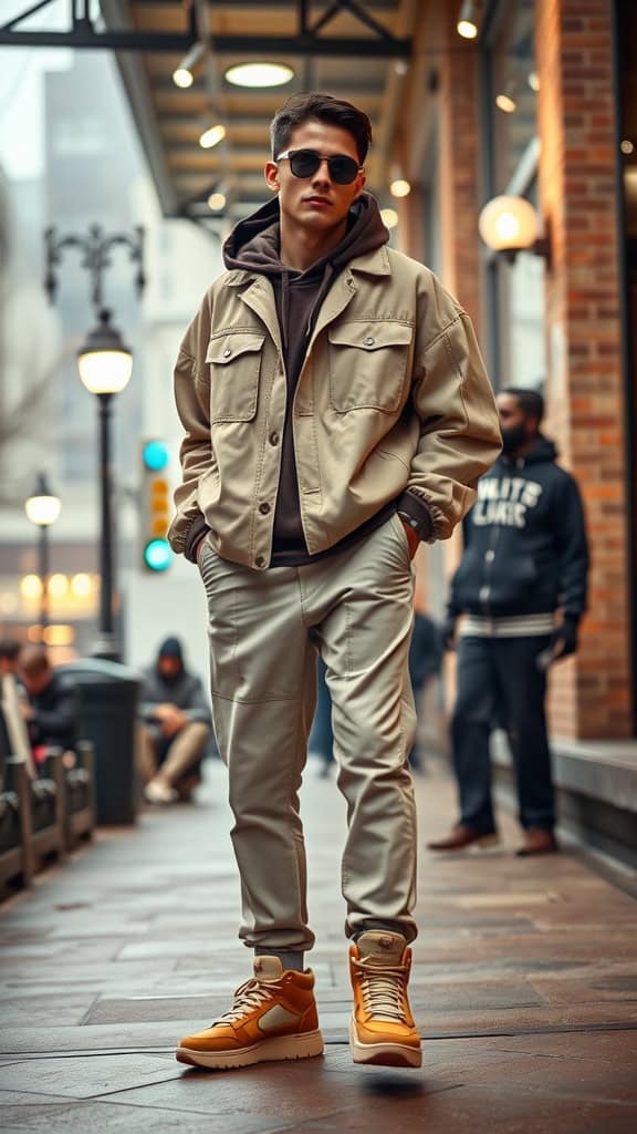 A young man wearing an oversized khaki shirt, beige trousers, and neutral sneakers, posing casually on a city street.