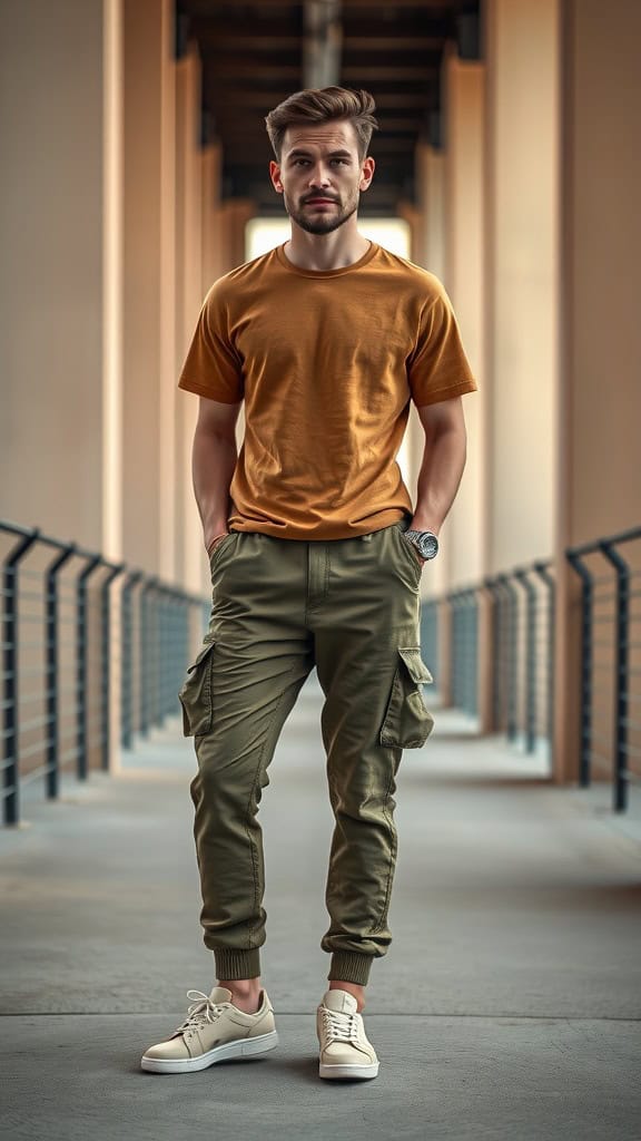 A man wearing a mustard earth-tone tee, olive joggers, and neutral sneakers