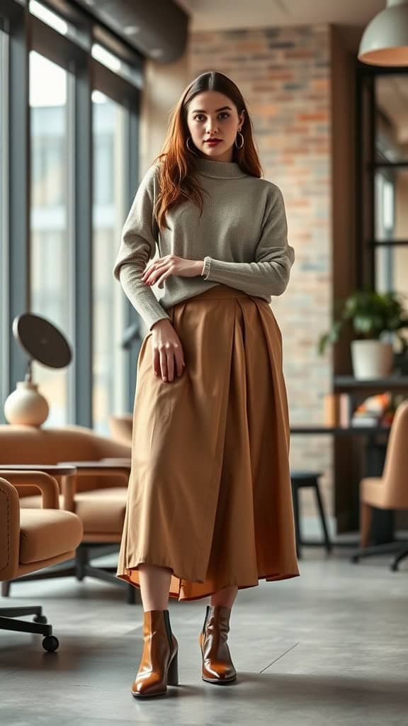 A woman wearing a neutral sweater tucked into a midi skirt, posing in a modern indoor setting.