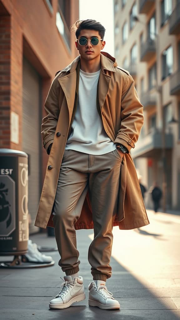 A young man wearing an oversized tan trench coat, loose chinos, and white sneakers, posing in an urban setting.