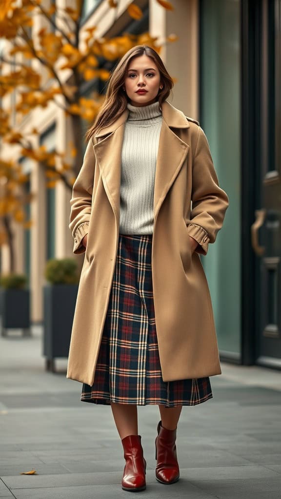 A woman wearing a neutral turtleneck and plaid skirt, complemented by a coat and stylish boots, walking on a city street.