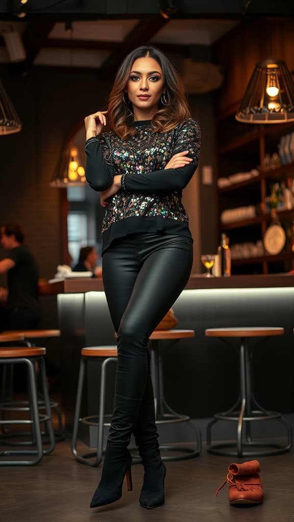 A stylish woman wearing a sequin top and black leggings stands confidently in a bar setting.