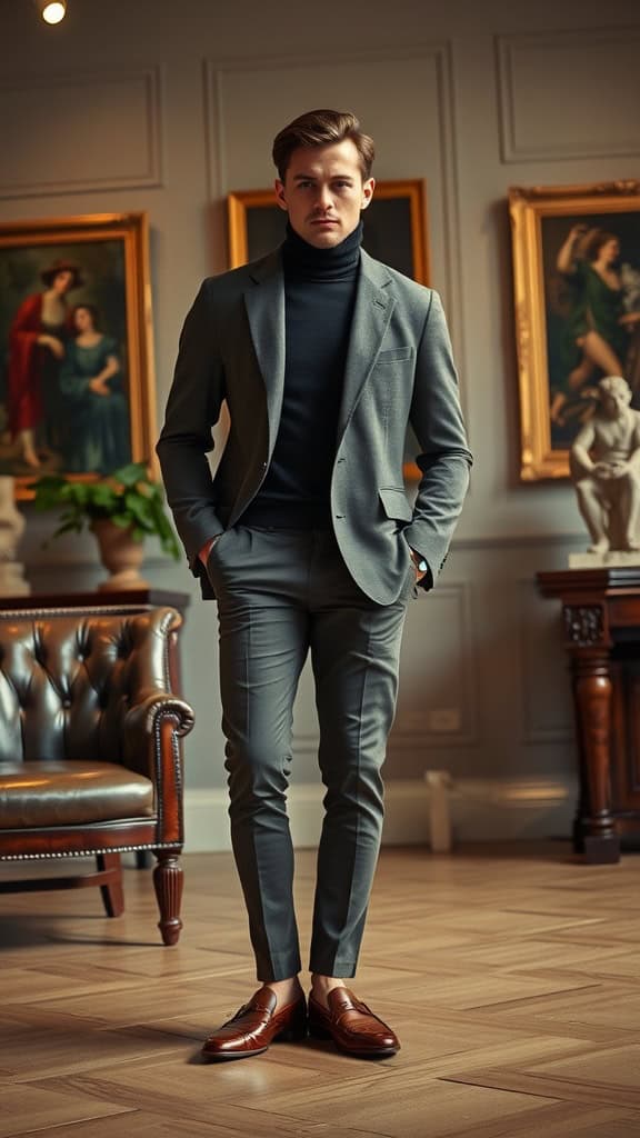 A stylish man in a slim-fit turtleneck, wool blazer, and leather loafers, standing in an art gallery