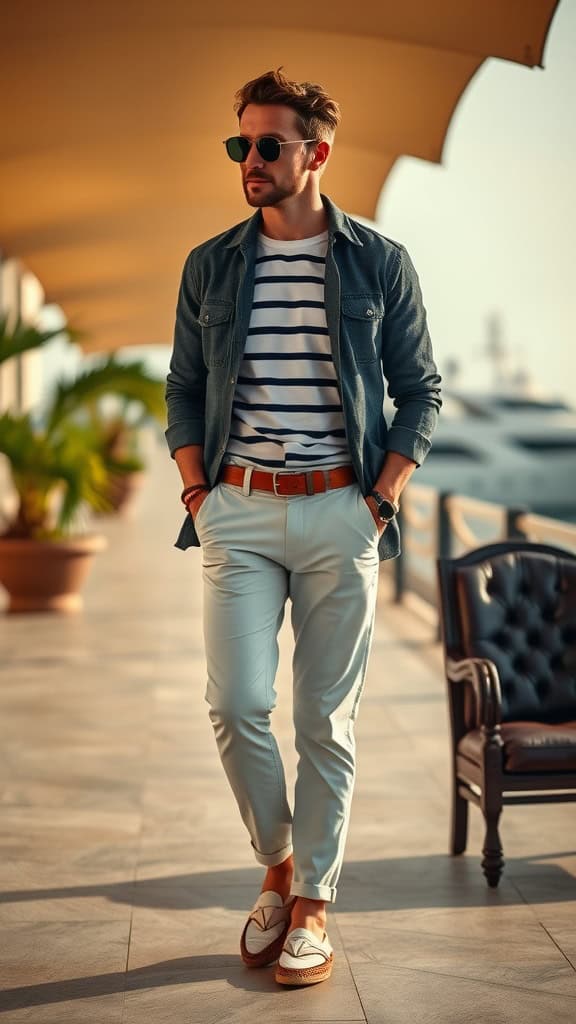 A man wearing a Breton striped shirt, cream trousers, and espadrilles, standing in a coastal setting.