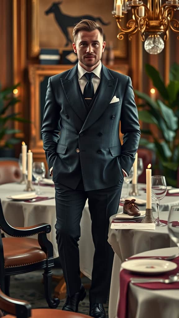 A man in a double-breasted suit, black tie, and glossy derbies standing in an elegant dining room