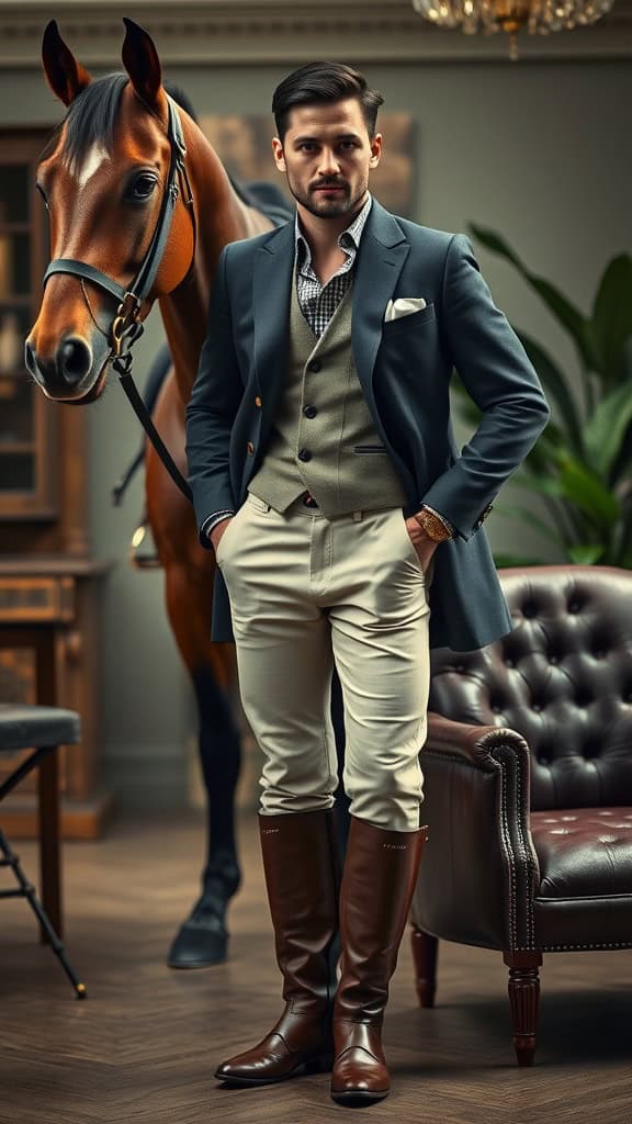 A man in a tailored riding jacket, beige jodhpurs, and knee-high leather boots stands confidently next to a horse.