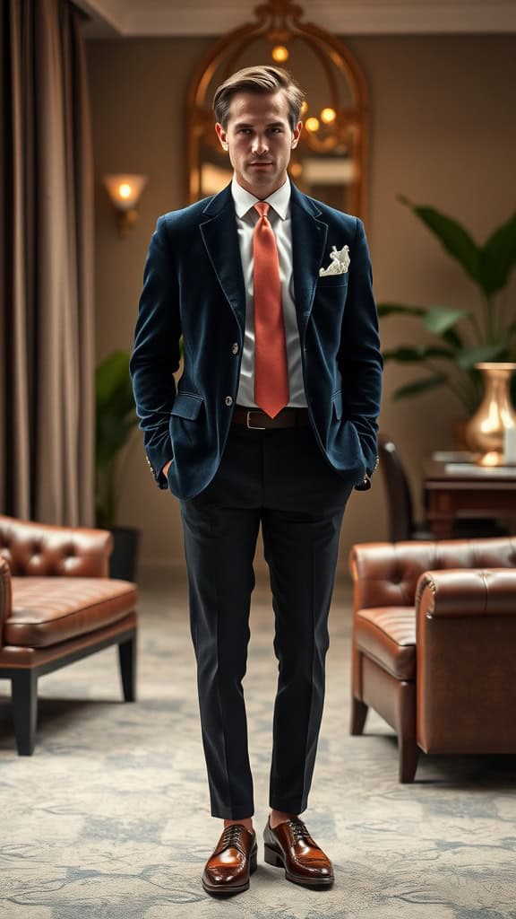 A man wearing a navy velvet blazer, silk tie, and polished Oxfords, showcasing old money sophistication.