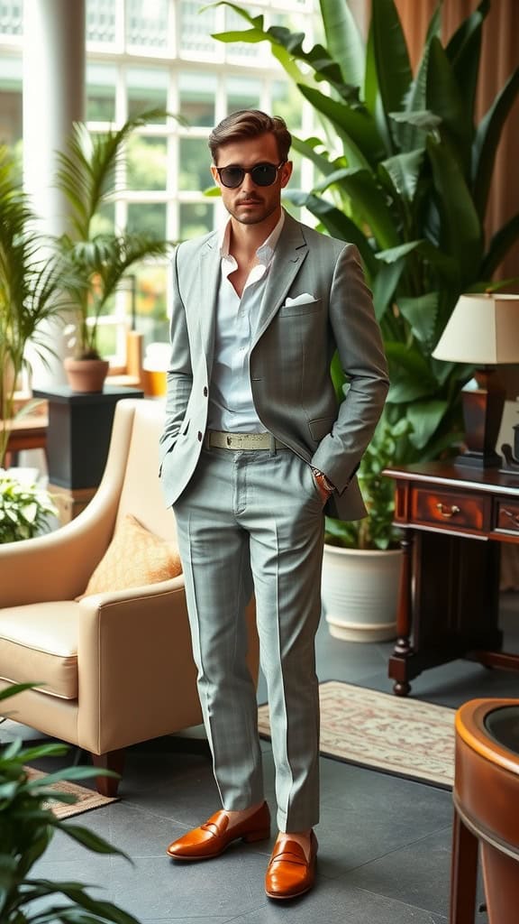 A man in a light gray seersucker suit with a white shirt and tan loafers, standing in a well-decorated indoor space with plants.