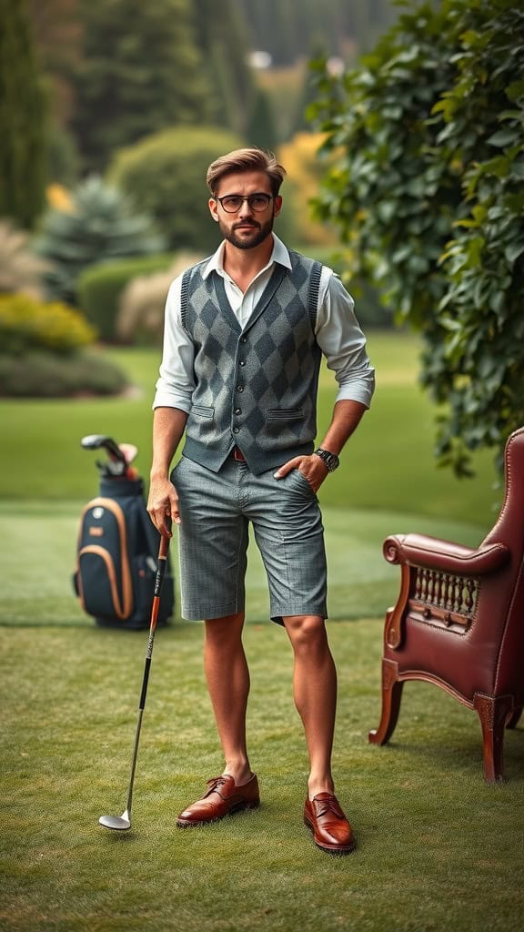 A man wearing an argyle vest, tailored shorts, and leather golf shoes on a golf course.