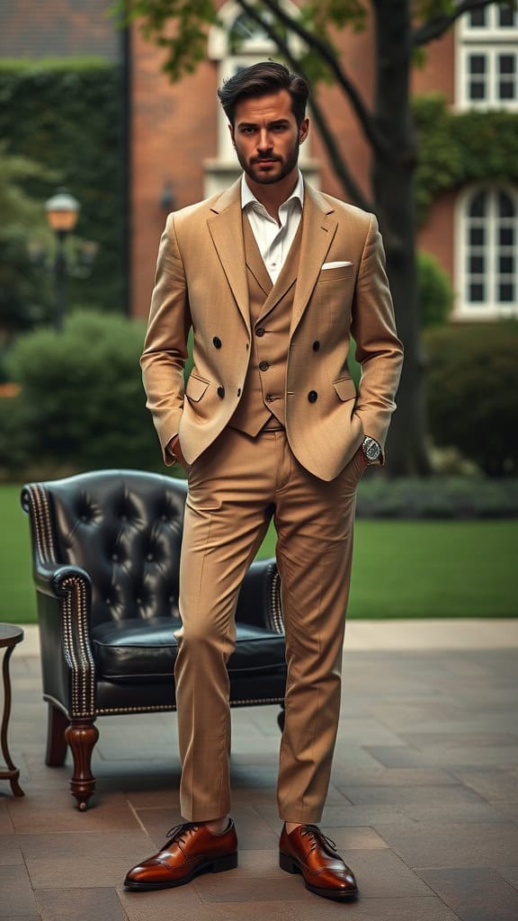 A man in a double-breasted beige blazer, pleated khakis, and saddle shoes, standing confidently in a garden.