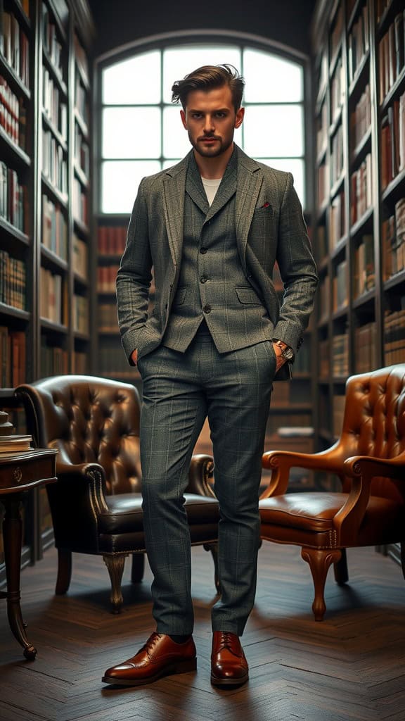 A man in a grey tweed blazer and wool trousers stands in a library, showcasing classic leather brogues.