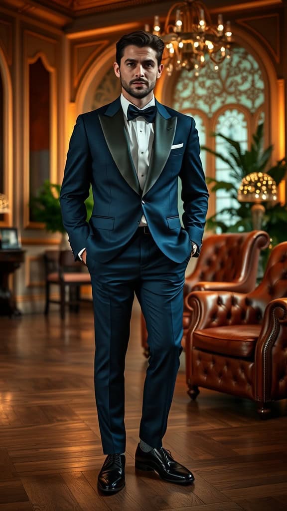 A man in a midnight blue tuxedo with silk lapels and patent leather shoes, standing confidently in an elegant indoor setting.