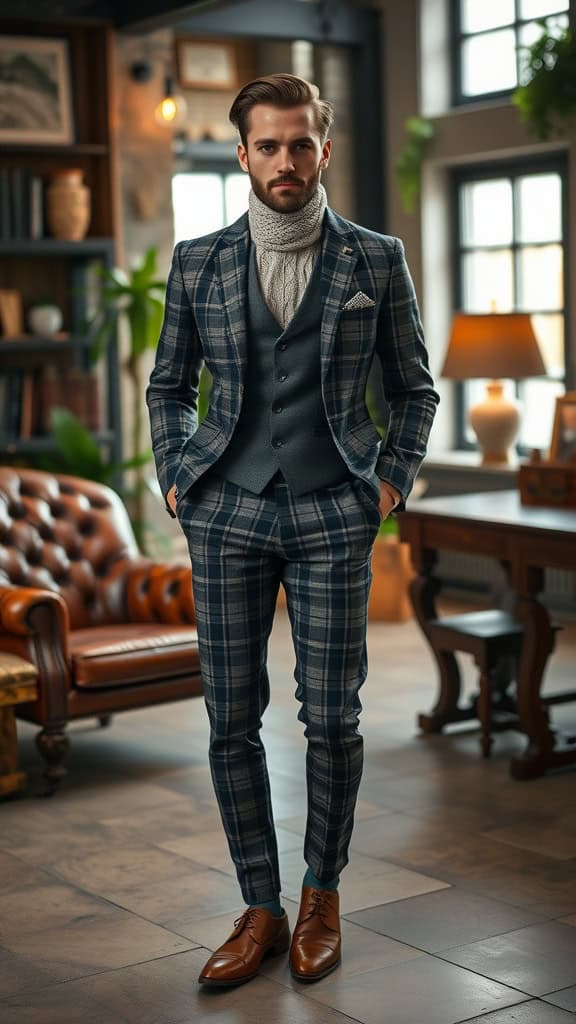 A stylish man wearing a plaid blazer, knitted tie, and brown monk-strap shoes.