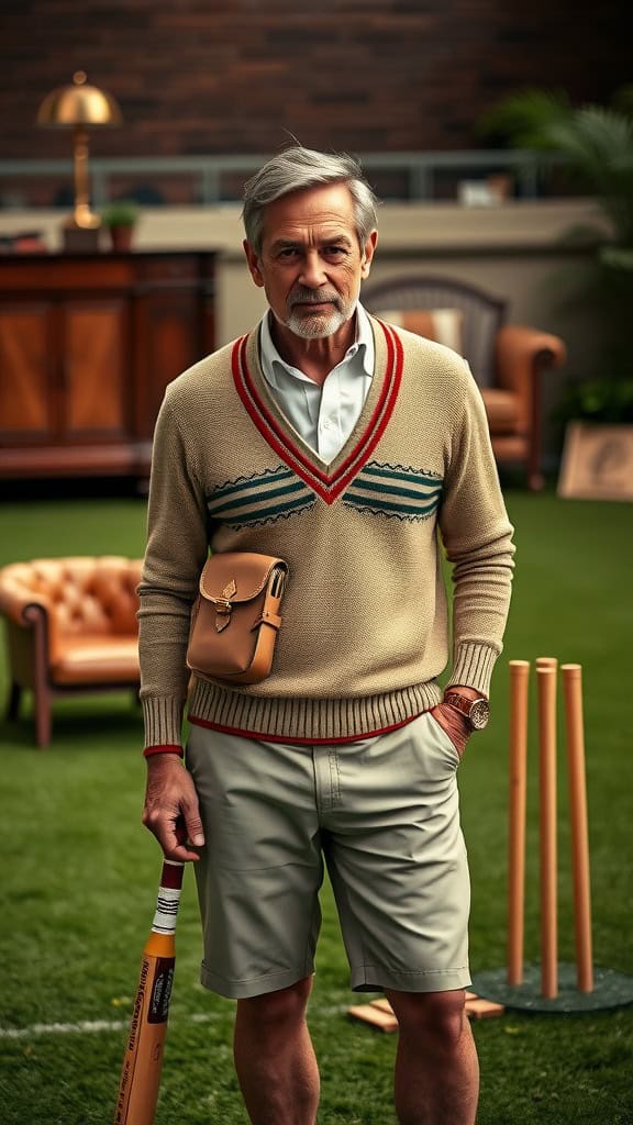 A gentleman in a cricket sweater over a collared shirt and tailored shorts, holding a cricket bat.