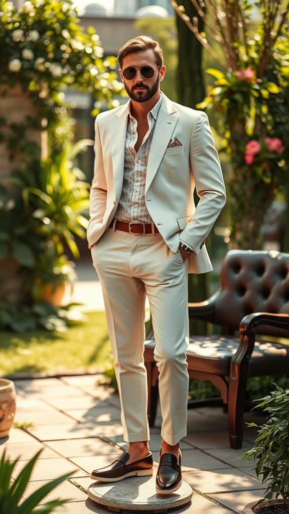 A man in a light linen suit with penny loafers and a silk pocket square, exuding old money elegance in a garden setting.