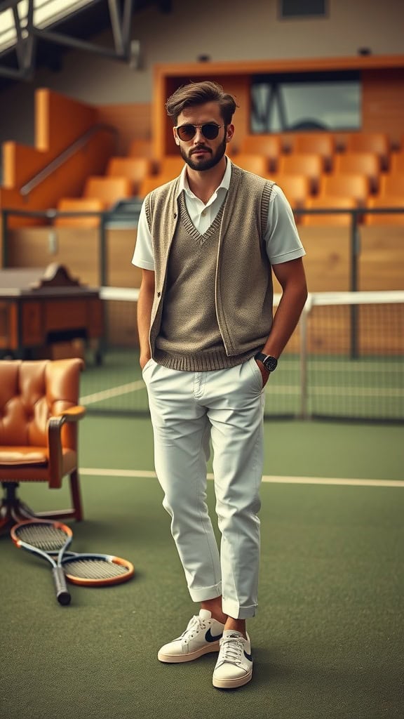 A stylish man in a tennis club outfit featuring a white polo, sweater vest, and white sneakers, standing on a tennis court.