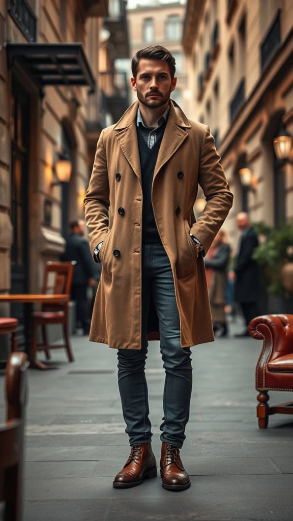 A man in a tailored trench coat, leather gloves, and brogue boots stands confidently in a stylish urban setting.