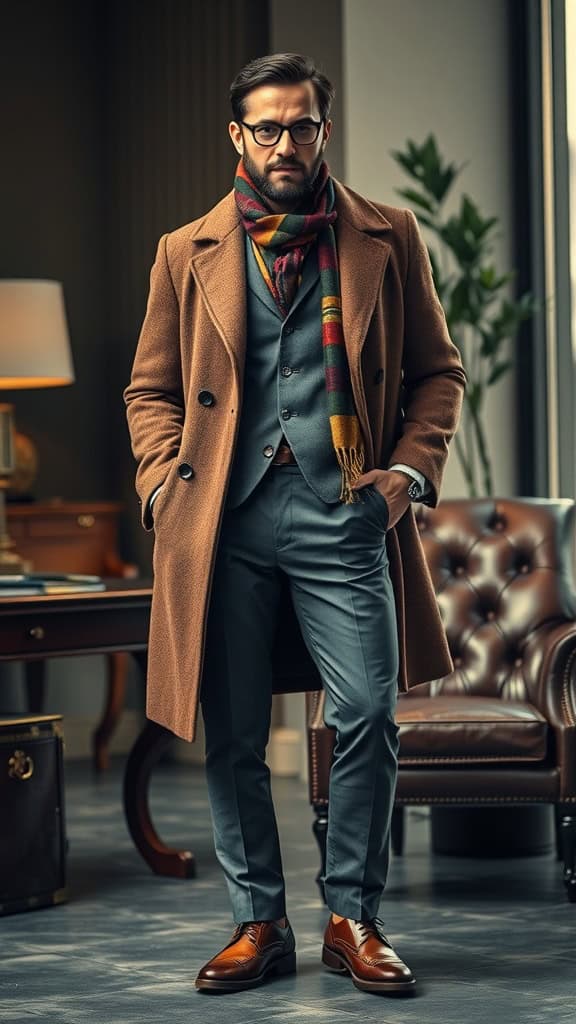 A stylish man in a cashmere overcoat and scarf, with wool trousers and brogues, exuding an old money aesthetic.