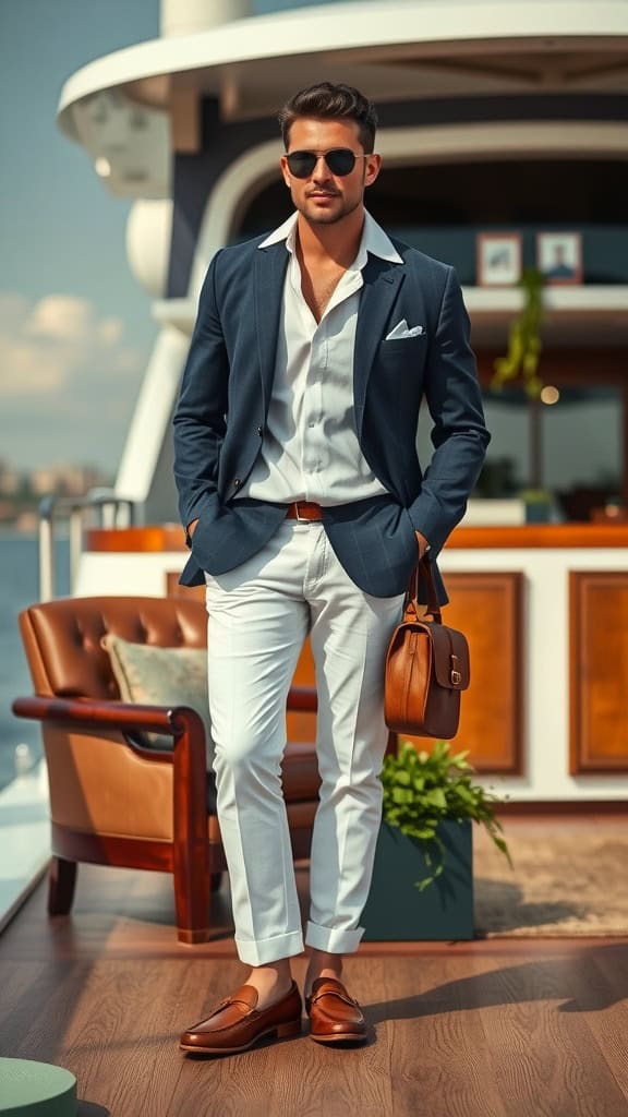 A man in a nautical blazer, white trousers, and brown leather boat shoes, standing on a yacht.