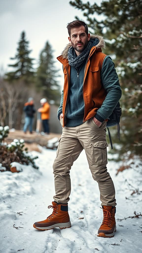 A man in winter hiking attire, featuring thermal layers, a windproof jacket, cargo pants, and trail boots, standing in a snowy outdoor setting.