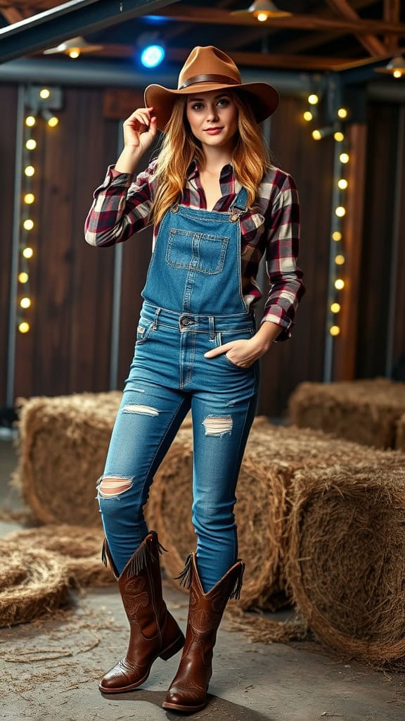 A woman in denim overalls and a plaid flannel shirt, wearing cowboy boots and a wide-brimmed hat, stands in a barn setting.