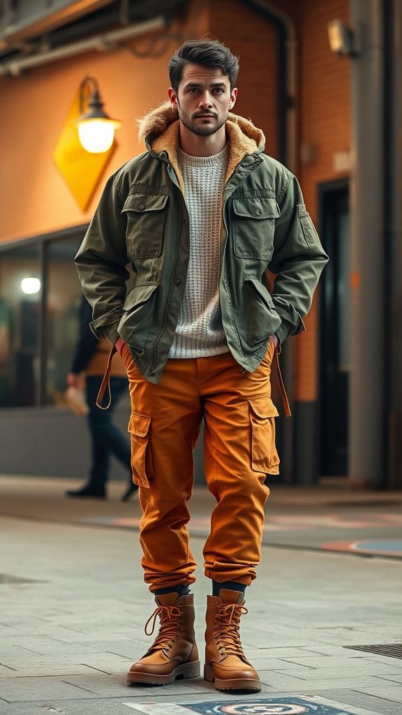 A man wearing a baggy utility jacket, carpenter pants, and leather boots in an urban setting.