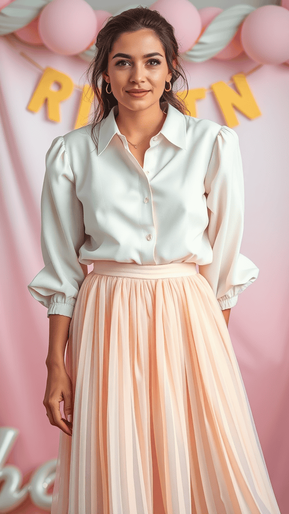 Pastel blouse and light blue jeans outfit displayed on a mannequin against a festive pink backdrop