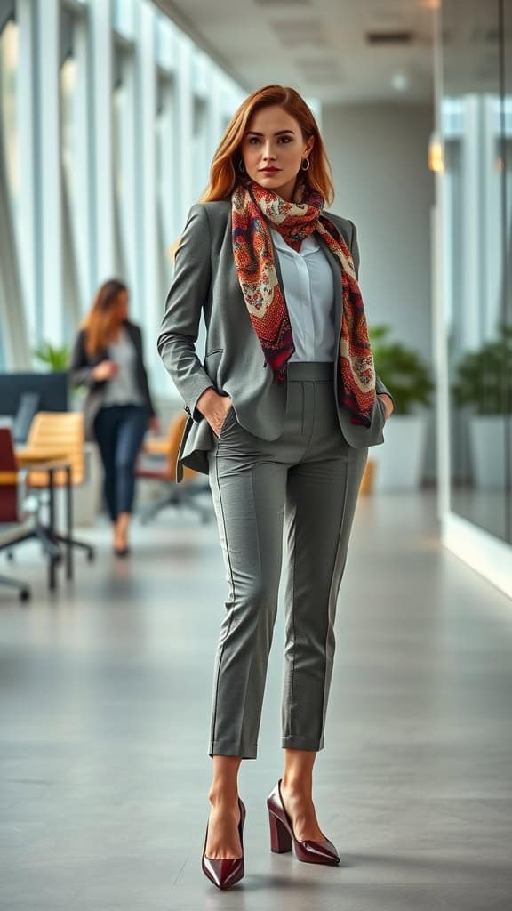 A woman in a suit with a patterned scarf in an office setting.