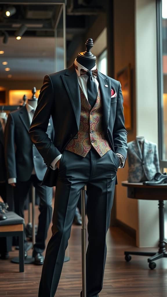 A stylish black suit with a paisley waistcoat and cufflinks on a mannequin, displaying a classy formal look.