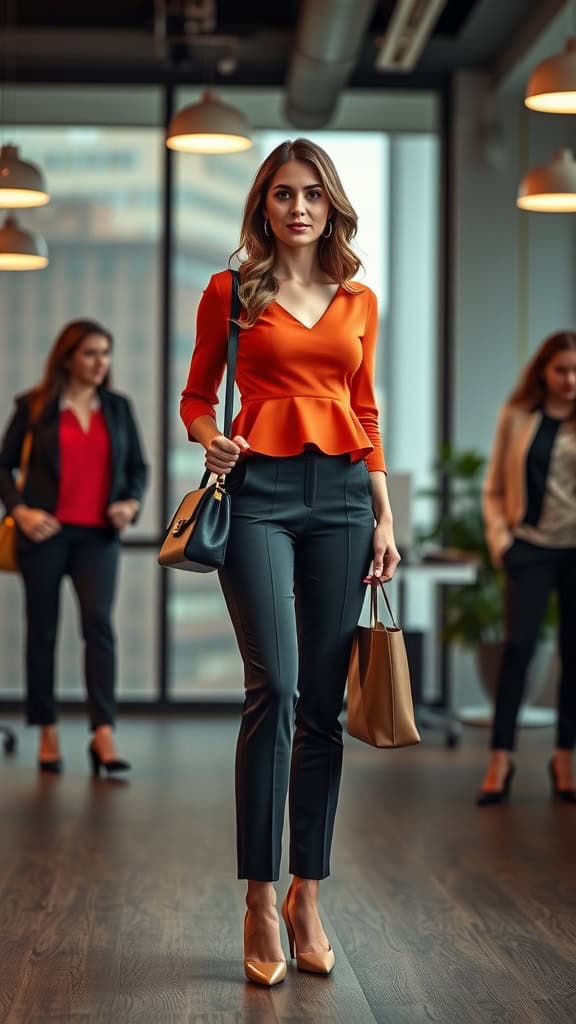 A woman wearing a bright orange peplum top and tapered pants in a modern office setting.