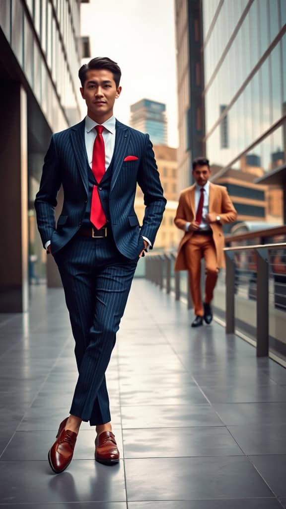 A man in a navy pinstripe suit with a red tie and wingtip shoes walking confidently in an urban setting.