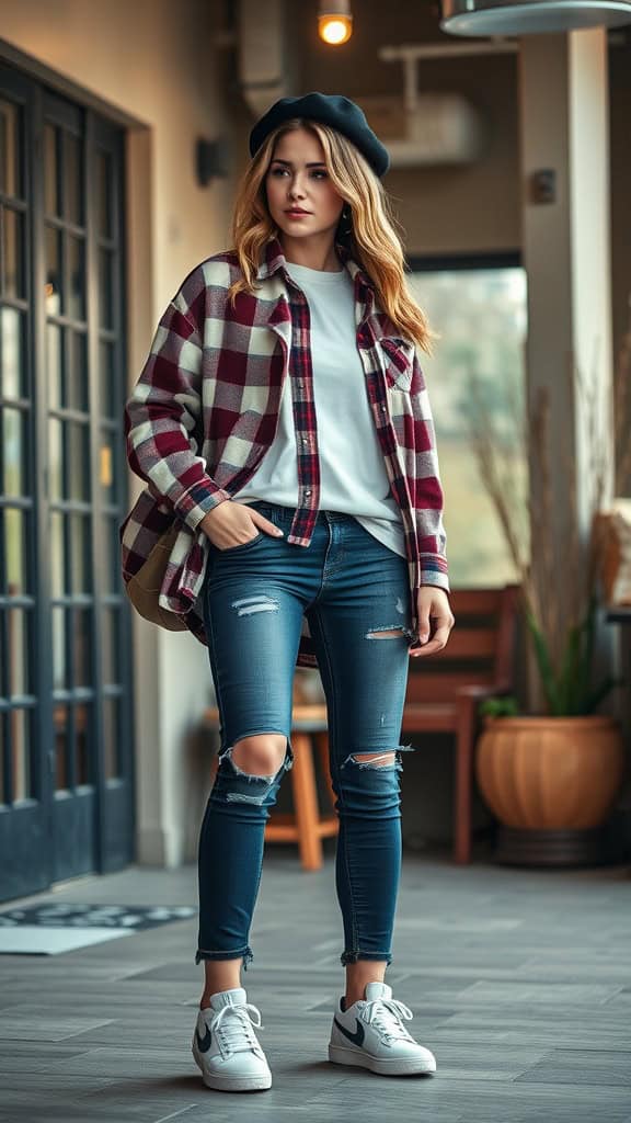 A young woman wearing a plaid shirt, ripped jeans, and white sneakers, standing in a stylish indoor setting.