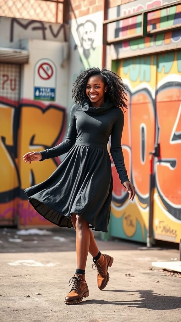 A smiling Black woman twirling in a playful skater dress with a flared hem, wearing lace-up boots against a colorful graffiti backdrop.