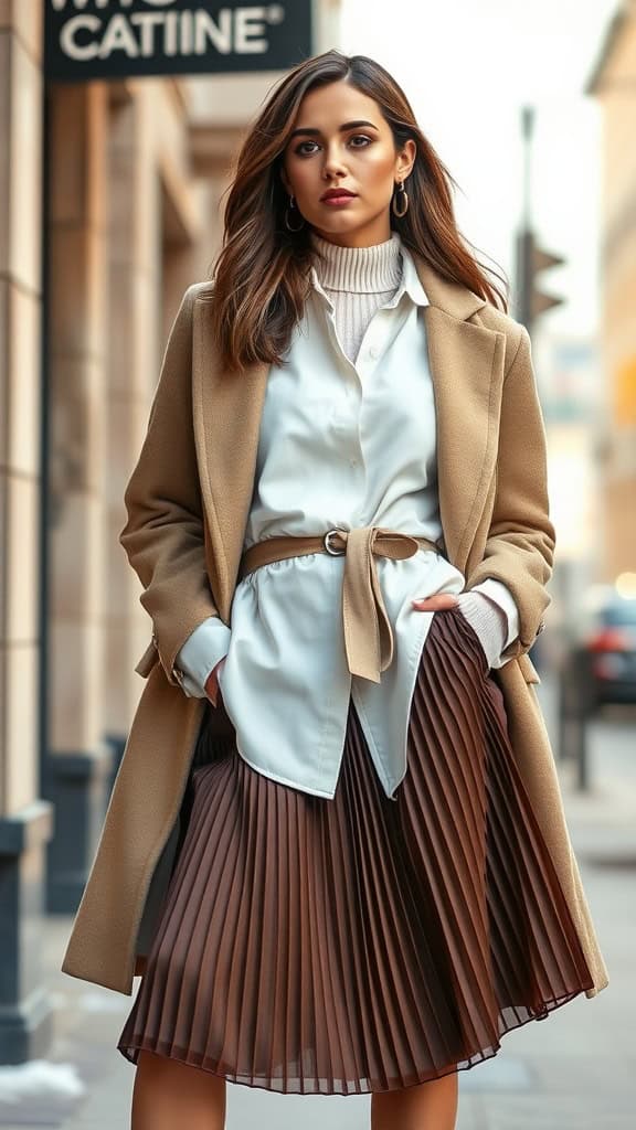 A woman wearing a flowing pleated skirt with a button-down shirt, complemented by a tailored coat.