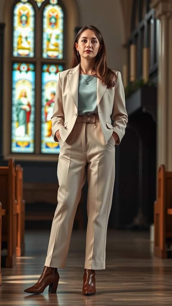 A woman in a light-colored pantsuit stands confidently in a church setting with stained glass windows.