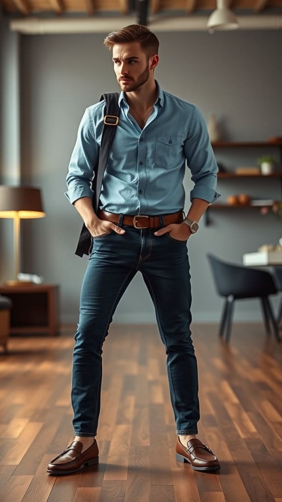 A man standing confidently in a light blue button-down shirt, dark jeans, and loafers, showcasing a polished yet relaxed style.