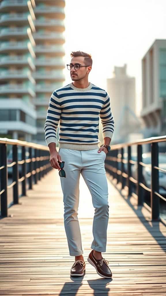 A man wearing a striped sweater, white chinos, and boat shoes, standing on a wooden pier.