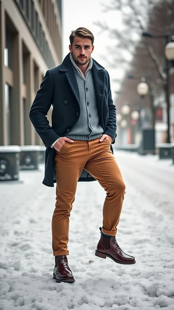 A man in a stylish winter outfit featuring a peacoat, layered sweater vest, corduroy pants, and penny loafers, standing in a snowy urban setting.