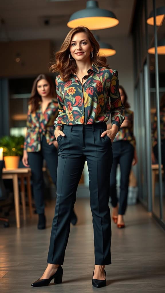 A woman wearing a vibrant printed blouse and solid black trousers, showcasing a stylish business casual outfit.