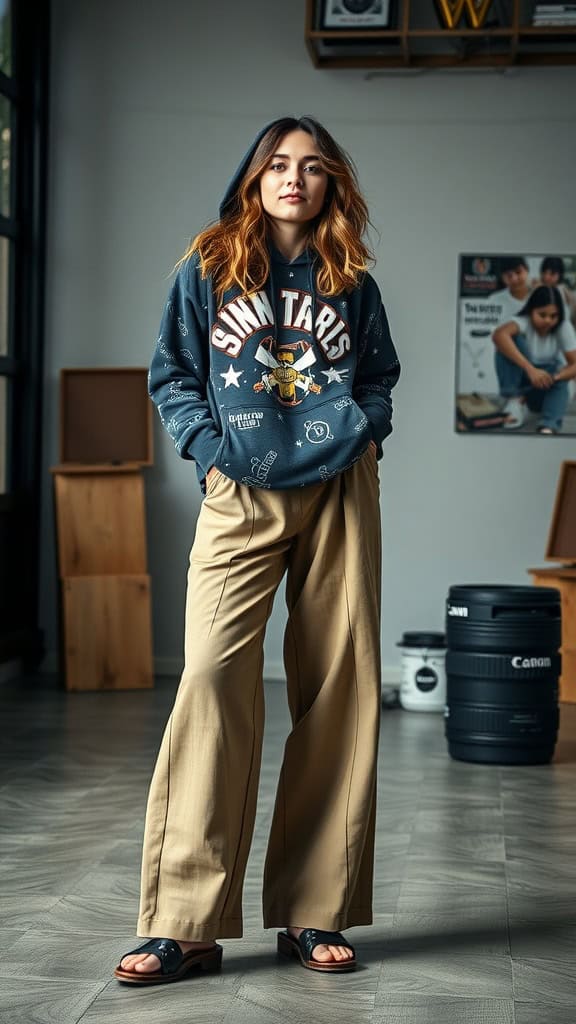 A person wearing a printed hoodie with wide-leg trousers and sandals, showcasing a relaxed outfit in a stylish indoor setting.