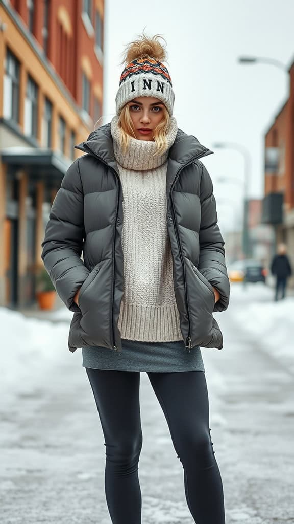 A woman wearing a puffer jacket, chunky sweater, and thermal leggings on a snowy street.