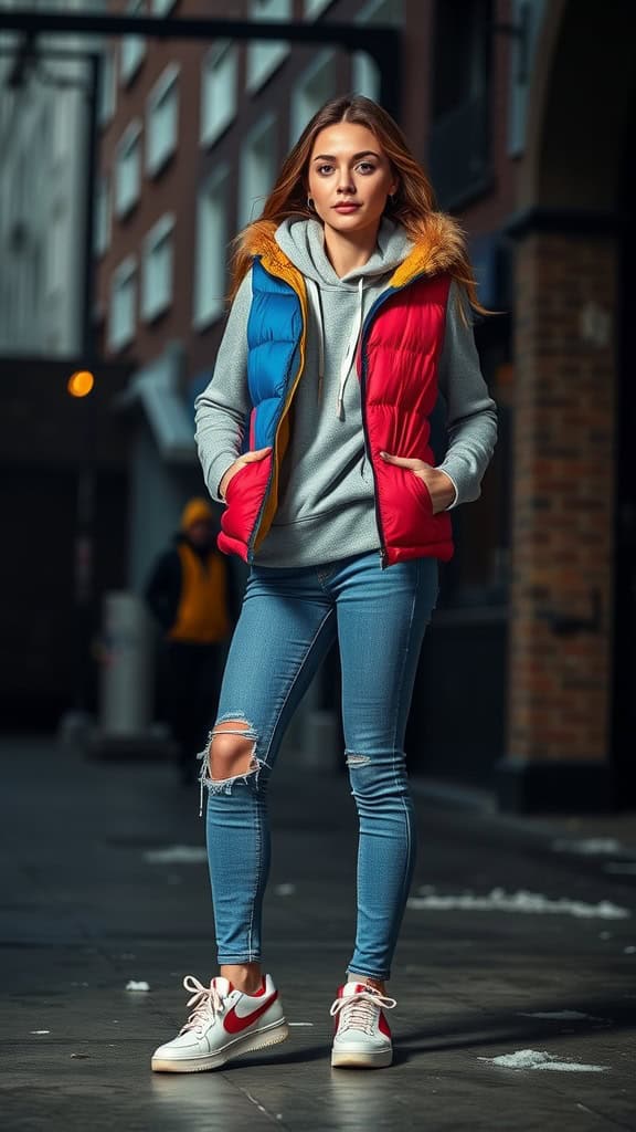 A young woman wearing a colorful puffer vest over a gray hoodie, paired with ripped blue jeans and white sneakers, standing in a city setting.