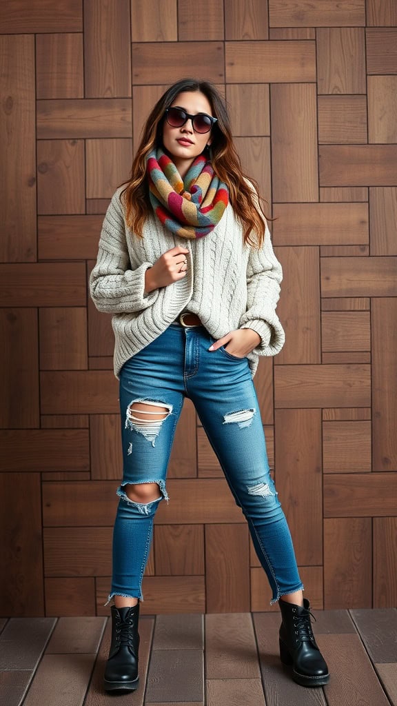 Woman in a cream pullover sweater and distressed blue jeans, wearing sunglasses and a colorful scarf, standing against a wooden background.