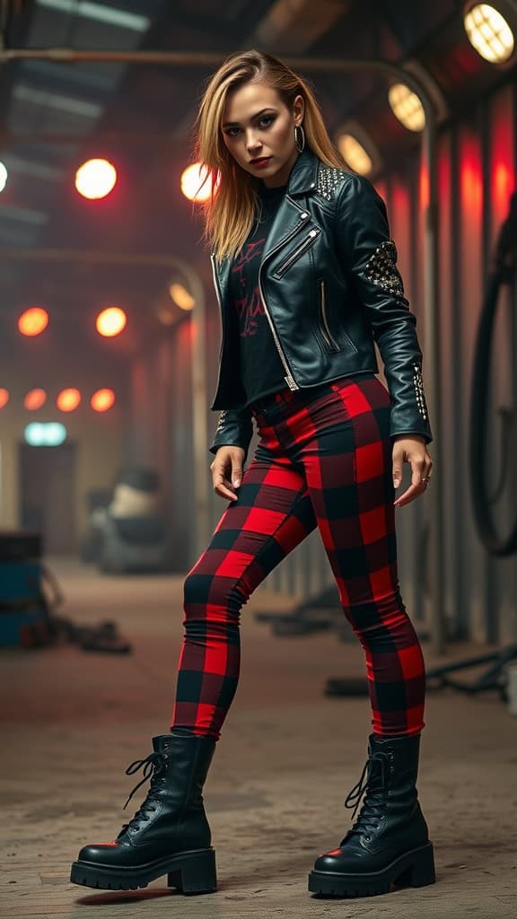 A model wearing a studded leather jacket, plaid pants, and combat boots, posing in an industrial setting.