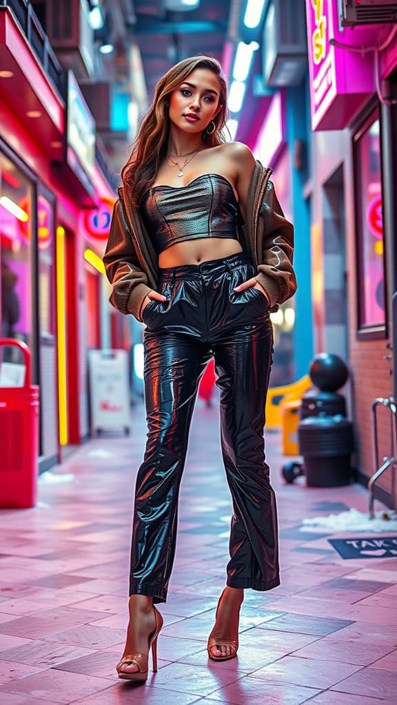 A model wearing shiny PVC pants, a metallic crop top, and clear heels in a vibrant alleyway