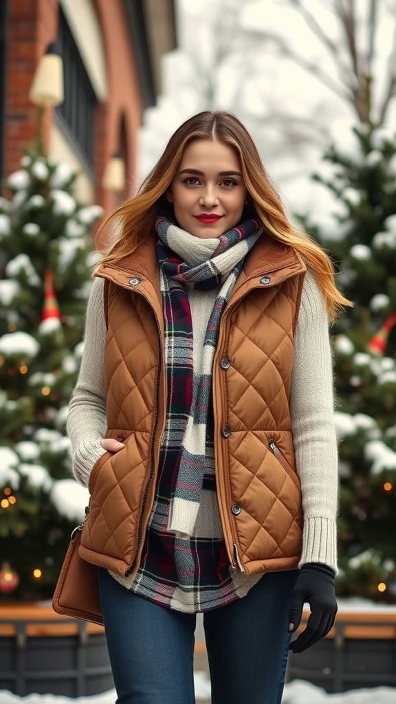 A woman wearing a quilted vest over a plaid shirt, with a snowy backdrop.