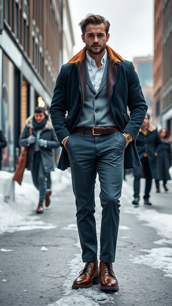 A stylish man in a tailored overcoat with leather dress shoes walking in a snowy urban environment.