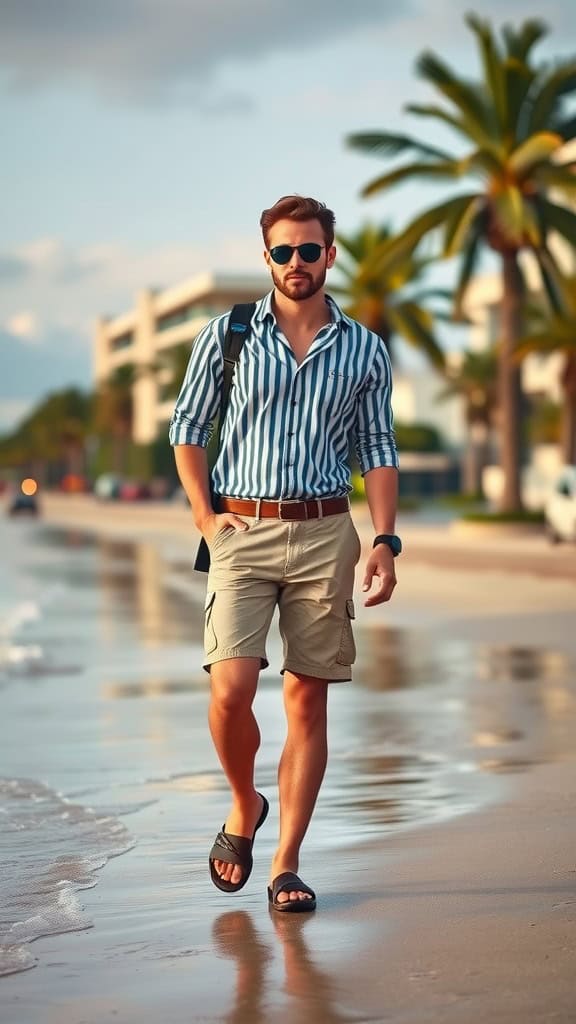 A man wearing a striped shirt, khaki shorts, and leather sandals walking on the beach