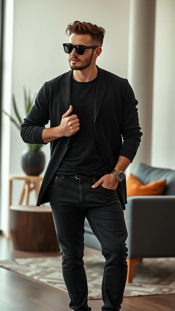 Man wearing a black knit cardigan over a black tee with relaxed black jeans and sunglasses.